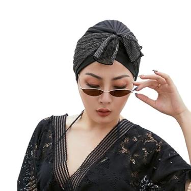 Imagem de Touca de banho feminina de tecido longo e curto plissada, não impermeável, touca de praia para natação, surfe, spa