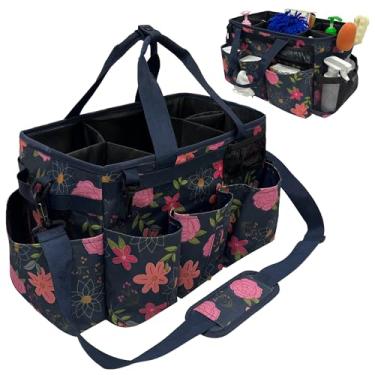 Imagem de JLDTOP Bolsa de limpeza com alça organizadora de suprimentos de limpeza bolsa de ferramentas portátil com divisórias dobráveis para empregadas domésticas e limpeza doméstica (floral azul)