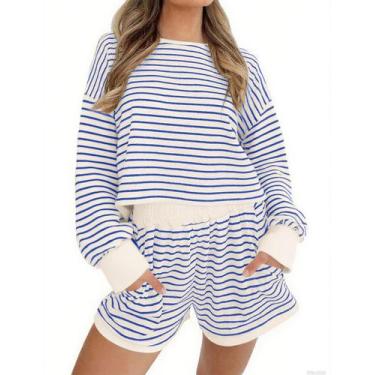 Imagem de Shorts femininos de malha listrada Lounge Set MISSACTIVER, 2 peças