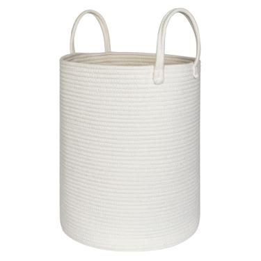 Imagem de MEGASKET Grande cesto de roupa suja branco, 38 cm x 45 cm de altura, armazenamento de cobertor, sala de estar, caixa de brinquedo de corda de algodão GG para organização, cesto de roupa de bebê tecido