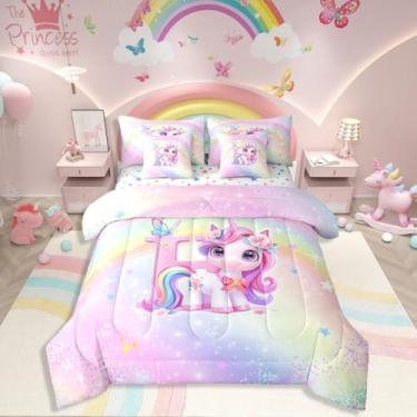 Imagem de Conjunto de cama de unicórnio solteiro, arco-íris, unicórnio, 7 peças em uma bolsa com 1 fronha, conjunto de edredom infantil macio para decoração de quarto de meninos e meninas, conjunto de cama com