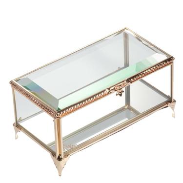 Imagem de DHCGPP Caixa De Joias Retangular Dourada Retrô Vidro Com Tampa Articulada, Anel, Pulseira, Metal Para Exposição Lembranças, Armazenamento Transparente (16,5 X 8,9 8,4 Cm)