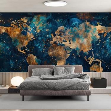 Imagem de Papel de parede abstrato dourado azul mapa do mundo mural de parede descasque e cole 376 cm L x 279 cm H mural de parede de textura de mármore papel de parede galáxia mapa do mundo autoadesivo fundo