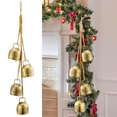 Imagem de Minetom Conjunto de 4 sinos de Natal, Sinos Decoraitve de latão com corda de suspensão de juta para decoração de Natal, guirlanda de guirlanda, portas de árvores, janelas rústicas, sinos de ferro