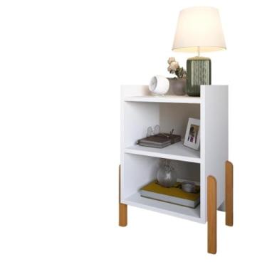 Imagem de Mesa De Cabeceira Para Quarto Com Prateleira Pé Madeira Maciça (Branco)
