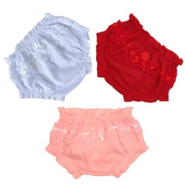 Imagem de Calcinha Tapa Fraldas Bebê Algodão Com Renda Kit Com 3 Peças Coloridas Vários Tamanhos (Vermelho, Branco e Rosa, M)