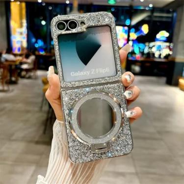 Imagem de Capa protetora de couro com suporte espelhado galvanizado para Galaxy Z Flip5 (para Galaxy Z Flip5/prateado)