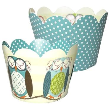 Imagem de Embalagens de cupcake – Suprimentos de aniversário de coruja What a Hoot, clube de leitura de leitura, chá de bebê e nupcial, festa de aula, envoltórios de sobremesa reversíveis para graduação