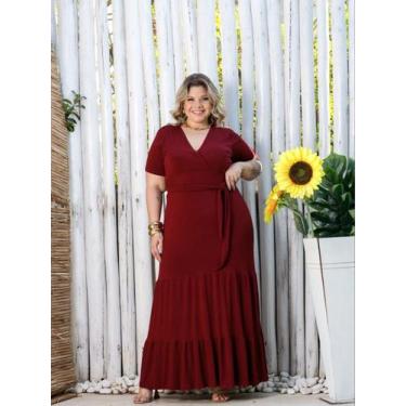 Imagem de Vestido Longo Plus Size Decote em V Acinturado - luh may, Vinho, G2