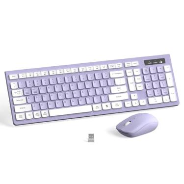 Imagem de RECCAZR Combo de Teclado e Mouse Sem Fio - Tamanho Completo, DPI Ajustável, Receptor USB 2,4 GHz Para PC, Windows, Desktop, Laptop (Roxo)