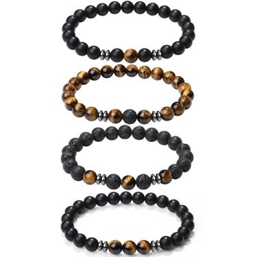 Imagem de XIANNVXI Conjunto de pulseiras masculinas com contas de pedra natural de 3/4 peças, 8 mm, olho de tigre, pedra vulcânica, obsidiana, cristal preto, contas elásticas para homens e mulheres, joias