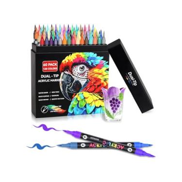 Imagem de Brled Marcadores de tinta acrílica de 120 cores com 60 pontas de pincel de duas cores, canetas de tinta acrílica de ponta dupla para pedras, ovos, madeira, rocha, tela, plástico, vidro, cerâmica