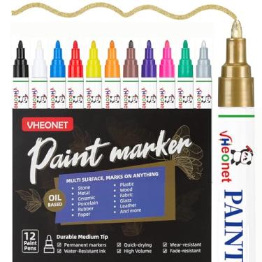 Imagem de Canetas e marcadores de tinta à base de óleo, pacote com 12 marcadores permanentes de secagem rápida para pintura rupestre, metal, vidro, tecido, madeira, plástico, cerâmica, pedra - Materiais de arte
