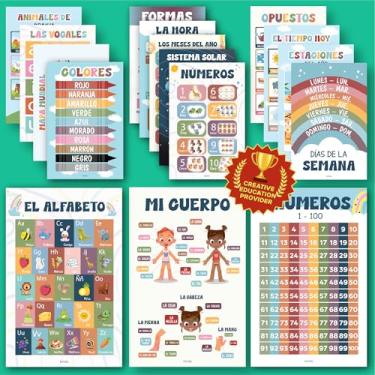 Imagem de EXCOOL CLUB 16 pôsteres de sala de aula de espanhol para o ensino fundamental - pôsteres educativos bilíngues coloridos para crianças de 1 a 3 anos, pôster laminado de aprendizagem pré-escolar