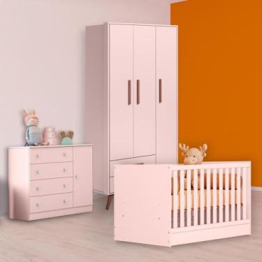 Imagem de Berço Mini Cama, Cômoda Sapateira e Guarda Roupa Retrô Rosa - Qmovi