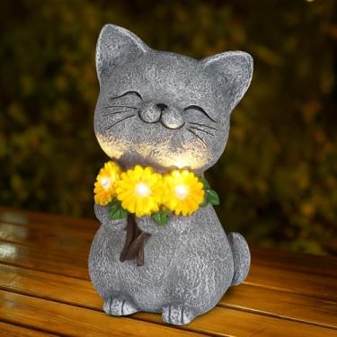 Imagem de Estátuas de jardim solar gato com margarida e luzes de LED presentes de aniversário para mulheres, mãe, avó, decoração solar para gatos ao ar livre, luzes solares para quintal, jardim e pátio