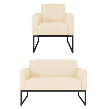 Imagem de Kit Namoradeira e 1 Poltrona Decorativa Base Industrial Preta Maressa S03 Suede Bege - Ibiza