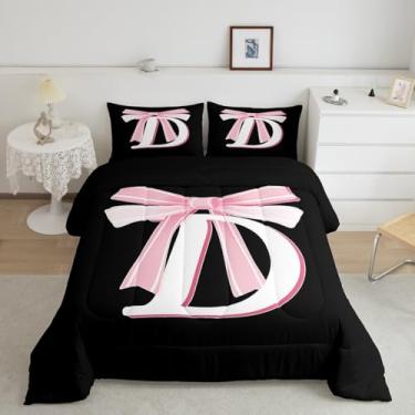Imagem de jejeloiu Conjunto de edredom infantil com laço preto e rosa, monograma, ultramacio, personalizado, inicial D, conjunto de edredom moderno, moderno, decoração de quarto, conjunto de colcha com laço