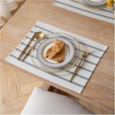 Imagem de Caflife Jogo americano Boho Farmhouse, conjunto de 4, tapetes de mesa de algodão e linho com listras cinzas para mesa de jantar moderna, tapetes rústicos de 33 x 48 cm para decoração de cozinha