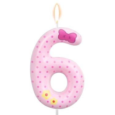 Imagem de Velas de Aniversário com Laço Rosa, Velas Rosa e Brancas de Bolinhas Gato Desenho Animado Decoração Bolo Topo Vela para Meninas Mulheres Casamento Aniversário Festa (Número 6)