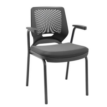 Imagem de Cadeira Beezi Fixa Com Braco E Base Preto Assento Em Couro Preto - Pla