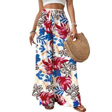 Imagem de Calças Palazzo Bsubseach, pernas largas, estampa floral, viscose, mulh