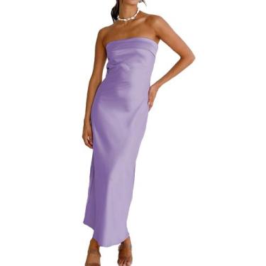 Imagem de Vestido maxi Realtix, seda acetinada, sem encosto, roxo, feminino