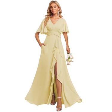 Imagem de Vestido de dama de honra Deamify, decote em V, amarelo, linha A, chiff