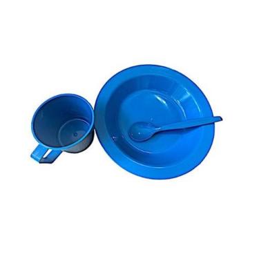 Imagem de Kit Merenda Escolar Azul Prato Colher Caneca Plástica 300 ML - 25 Pçs 