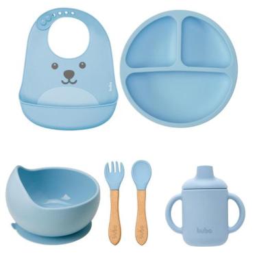Imagem de Kit Buba Prato Bowl Babador Copo Transição Talheres Bebê, Azul