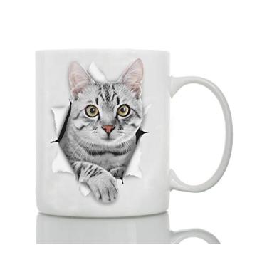 Imagem de Caneca de café gatinho cinza fofo - Caneca de café engraçada de cerâmica - Presente perfeito para amantes de gatos - Presente de caneca de café fofa novidade - Ótima surpresa de aniversário ou Natal