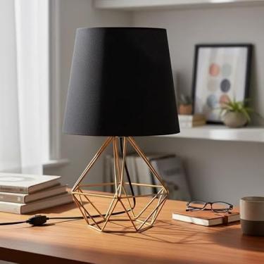 Imagem de Luminária de Mesa Abajur Base Diamante Aramado Cúpula Tecido Escritório Quarto (DOURADO/PRETO)