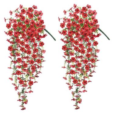 Imagem de Conjunto de 2 flores artificiais de eucalipto falsas coloridas para decoração de festa de casamento em casa (vermelho, 76 cm x 26 cm)