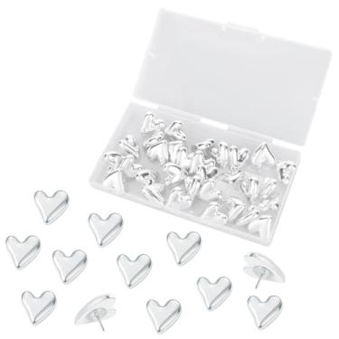 Imagem de 30un Alfinetes Pressão Formato Coração, Tachinhas Decorativas Fofas para Quadro Cortiça Quadro Avisos Parede Escritório Pôsteres Fotos Cartões Postais Mapas Fixação (Prata)