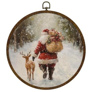 Imagem de WMSYUO Arte de parede redonda de Papai Noel, impressão em tela vintage de casa de fazenda, 25 x 25 cm, pintura clássica de Papai Noel para decoração de casa de Natal ou presente para amigos familiares