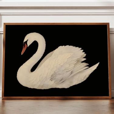 Imagem de Arte de parede vintage cisne branco elegante pintura animal retrô pôster de fundo preto cisne branco imagem de fundo minimalista pôsteres estéticos cottagecore impressões estéticas ecléticas imagens