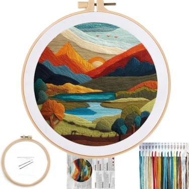 Imagem de FONNUY Kit de bordado para iniciantes, kits de padrões pré-estampados de lago com paisagem de cores vivas para adultos com argola, costura de linha colorida fácil de seguir, argola de 20 cm (azul