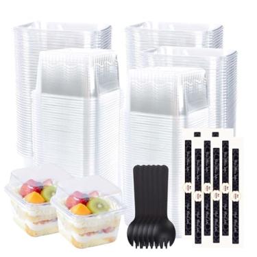 Imagem de 150 peças de copos de sobremesa de plástico de 227 g com tampas e colheres, copos parfait transparentes com tampas e adesivos, copos de bolo quadrados descartáveis recipientes de sobremesa para pudim