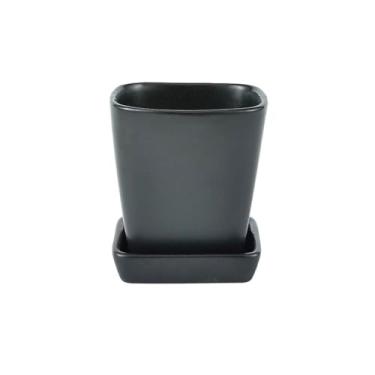 Imagem de Vasos de flores em forma quadrada com orifícios de drenagem e bandeja de pires, vaso de cerâmica de mesa para varanda, sala de estar, quarto, peitoril da janela, vasos de flores decorativos (Preto)
