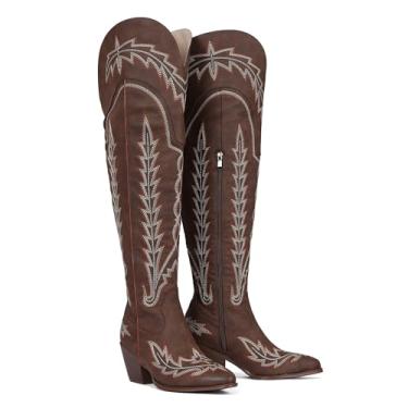 Imagem de Botas de caubói femininas até a coxa, cano largo, botas de cowgirl, bordadas, cano alto, bico fino, salto grosso, zíper lateral, acima do joelho, bota feminina, Marrom, 36