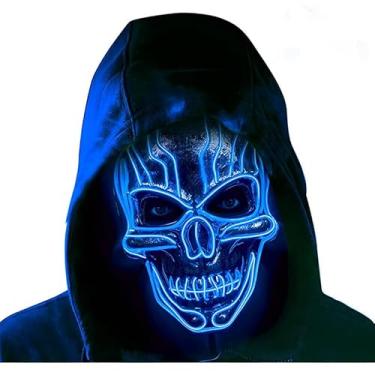Imagem de SHANJIA Máscara de Halloween, máscara iluminada, crânio assustador com iluminação LED para festival de Halloween, cosplay, baile de máscaras, festa de carnaval (azul)