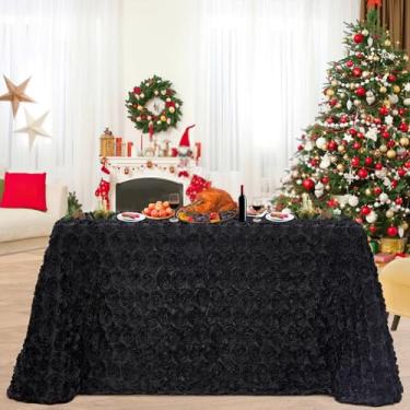 Imagem de B-COOL Toalha de mesa roseta preta 152 x 250 cm toalha de mesa retangular floral 3D toalhas de mesa de aniversário para decoração de festa de aniversário ao ar livre