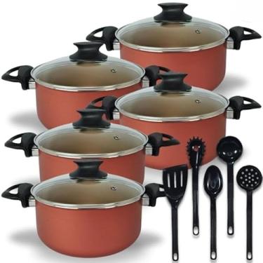 Imagem de Jogo De Panelas Caçarolas 16 a 24 Antiaderente Com 5 Camadas Teflon Cor Cereja e Dourado