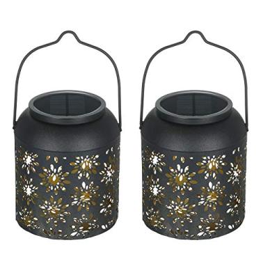 Imagem de Lanterna Solar Pendurada Luz Retro Metal Decoive Luz Oca Padrão de Flor Jardim Paisagem Ilnação para Mesa Caminho Festa Quintal 2pacote