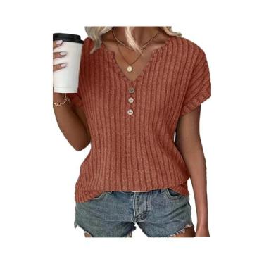 Imagem de Camiseta Feminina Canelada com Decote V - Botão Decorado - Tamanhos S-