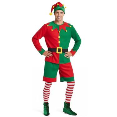Imagem de Hillban Fantasia masculina de elfo de Natal adulto fantasia de Natal ajudante de Papai Noel cosplay terno com chapéu listrado meias (vermelho e verde, GG, estilo 2)