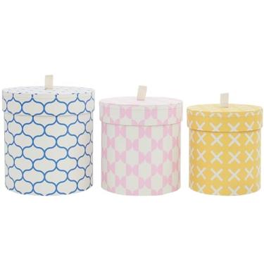 Imagem de MIZFRUZZY Caixas de armazenamento decorativas de 3 peças com tampas, padrão geométrico, azul rosa amarelo, conjunto de caixa de lembrança de papelão, armazenamento de lã, decoração de casa