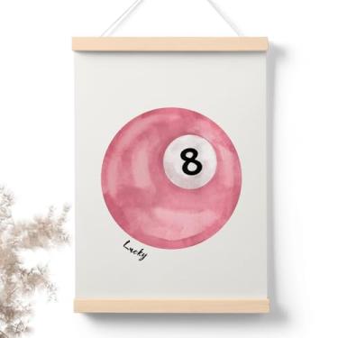 Imagem de PaJiaNi Pôster de bolas de bilhar, arte de parede vintage Lucky Number 8 bola rosa, pôster de bola de bilhar rosa na moda para quarto, sala de estar, sala de jogos, sala de bilhar, 30 x 40 cm
