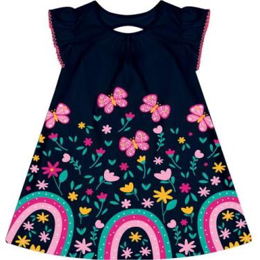 Imagem de Vestido Menina Infantil Flores Manga 100% Algodão Kyly, Azul marinho 1