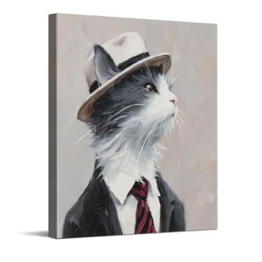 Imagem de CYFDYVT Retrato de gato cavalheiro vintage com chapéu Fedora e gravata impressão de arte de parede clássica para decoração de casa ou escritório elegante ilustração em tela 20 x 25 cm